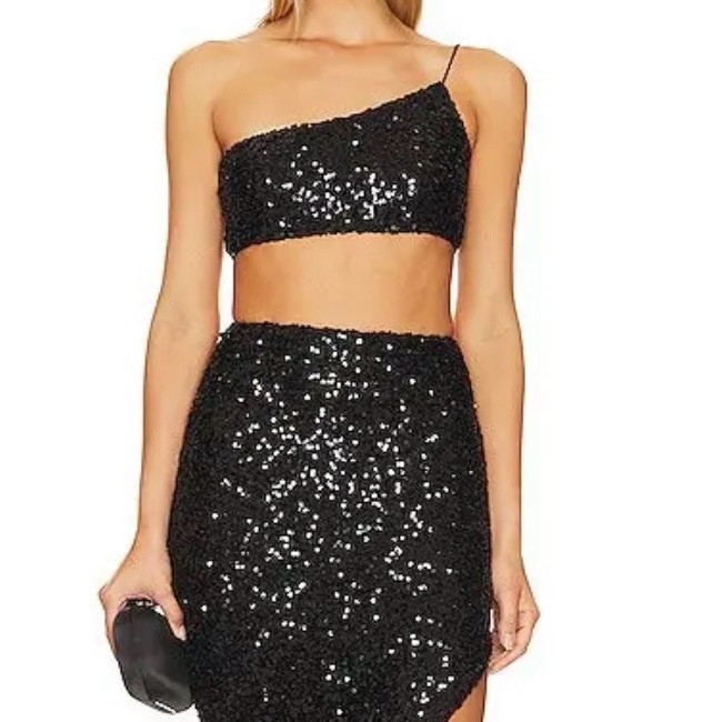Nookie Black Sequin Smoke Show One Shoulder Crop Top Nwt Sz L Party Night Out